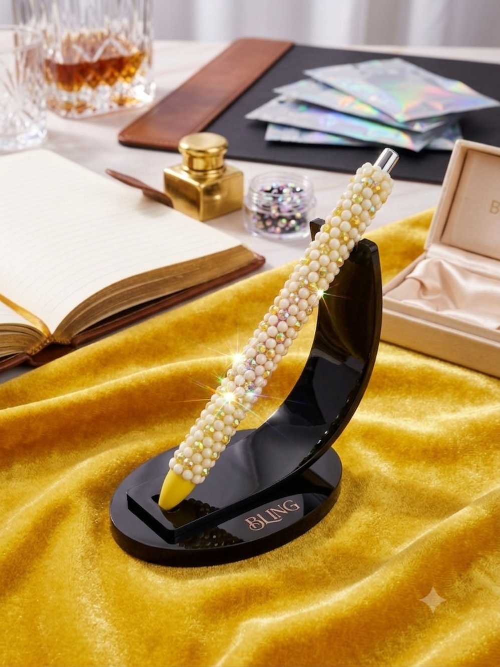 Pearl-Embellished Yellow Ballpoint Pen.